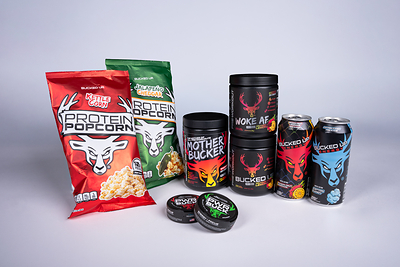 Bucked Up® Protein Popcorn™, Mother Bucker® Pre-Workout, Woke AF® Pre-Workout, PWR Buck™, Bucked Up® Energy 