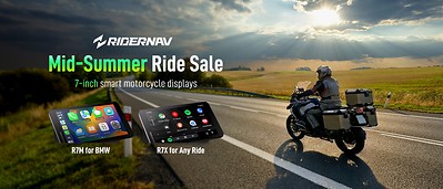RiderNav's R7M (for BMW) and R7X (universal) 7-inch smart displays, featured in the brand's Mid-Summer Riding Festival running June 10–20, 2026.