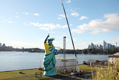 A giant inflatable statue of John Aloisi is seen during the Sportsbet 2026 World Cup Campaign Launch on Cockatoo Island, Sydney