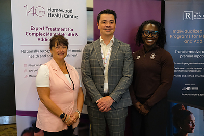 L to R: Adrienne Patterson, Speaker and mental health advocate; Dr. Carlos Lalonde, President and Chief of Staff, Homewood Health Centre, and EVP, Medical Services, Homewood Health Inc.; and Cynthia Appiah, Canadian Olympian (bobsleigh) at the 4th Annual Mental Health Symposium. 