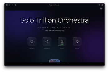 Solo Trillion Orchestra home screen showing Persona, Research, Rosie, and Writing modules in one AI Agent Control Panel.