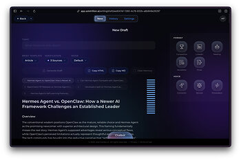 Solo Trillion Orchestra Writing module generates structured drafts with source verification, format options, and selectable voice modes.