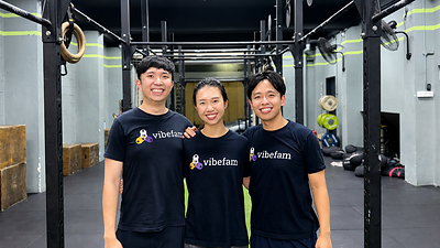 Vibefam co-founders (from left to right) Lim Chun Yong, Serene Lim, and Lee Jia Yi. The company recently announced a US$1 million seed funding round to accelerate the development of its AI-powered operating system for fitness businesses worldwide.