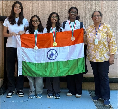 L-R: Lyra Floyd Gonsalves, PACE Jr. Science College Dadar, Mumbai; Swasti Vitthal Patil, Unschooled, Pune; Mansi Sane, JBCN International School, Parel, Mumbai; Diya Sathishdev, Home school, Chennai; and The Leader of the Indian contingent, Sonia Garcha, from CSpathshala L-R: Lyra Floyd Gonsalves, PACE Jr. Science College Dadar, Mumbai; Swasti Vitthal Patil, Unschooled, Pune; Mansi Sane, JBCN International School, Parel, Mumbai; Diya Sathishdev, Home school, Chennai; and The Leader of the Indian contingent, Sonia Garcha, from CSpathshala