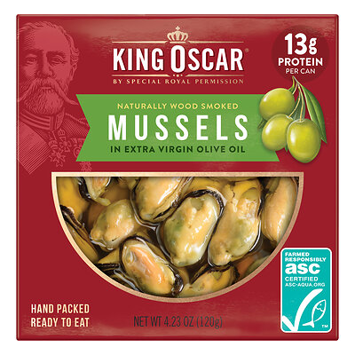 King Oscar Premium Smoked Mussels in Extra Virgin Olive Oil