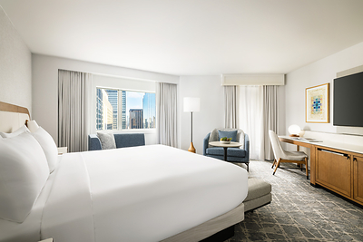 Many of Hilton Boston Back Bay's 401 guest rooms enjoy views of the Charles River and the city skyline. New renovations include the addition of 66-inch televisions and stylish touches. 