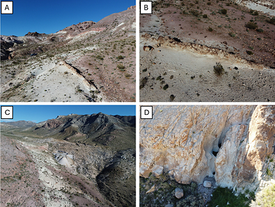 Figure 2 - Rock and outcrop photographs at SE Block showing steam heated alteration including silica ribs (2A/2B), historical adits (2C) and intense, pervasive steam heated alteration (clay + silica). 