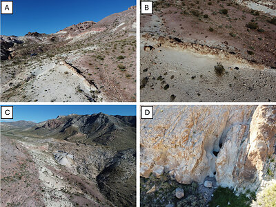 Figure 2 - Rock and outcrop photographs at SE Block showing steam heated alteration including silica ribs (2A/2B), historical adits (2C) and intense, pervasive steam heated alteration (clay + silica). 