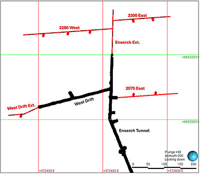 Figure 6. Plan view map of Lucky Shot Enserch level development. Current underground tunnels in black and planned Exploration Development in red.