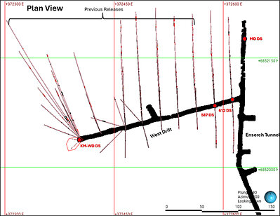 Figure 1. Plan view of the Lucky Shot underground exploration development with completed drill holes from the initial phase of Underground drilling. Highlighted in red are the drill station with results in this release.