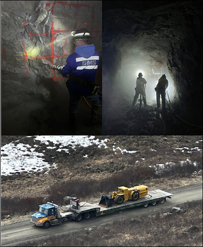 Figure 5 – Pictures of GMS mining crew mobilization to the Lucky Shot Mine site and underground exploration development activities underway in the West Drift Extension.