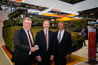 Tommy Gustafsson-Rask, President at BAE Systems Hägglunds, Dave Graziosi, Chair, President and CEO of Allison, and Dana Pittard, Vice President of Defense Programs at Allison Transmission at the Eurosatory defense exhibition. 