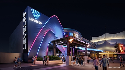 Artist rendering of the exterior of Level99 at Disney Springs