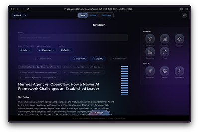 Solo Trillion Writing module generates structured drafts with source verification, format options, and selectable voice modes.