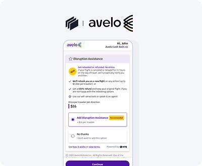 Avelo Airlines Disruption Assistance product screen