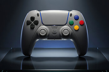 Killscreen SFC-1 is a Super Famicom-inspired custom PS5 controller for PC and PlayStation 5, featuring soft gray styling, graphite directional controls, and multicolor face buttons.