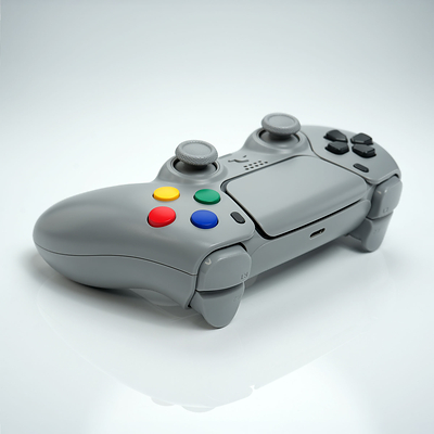 Killscreen SFC-1 shows its Super Famicom-inspired gray finish, multicolor face buttons, graphite controls, and modern PC + PS5 controller layout from a rear-angle product view.