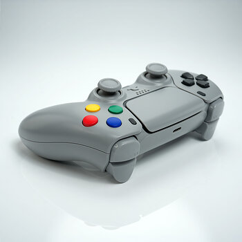 Killscreen SFC-1 shows its Super Famicom-inspired gray finish, multicolor face buttons, graphite controls, and modern PC + PS5 controller layout from a rear-angle product view.
