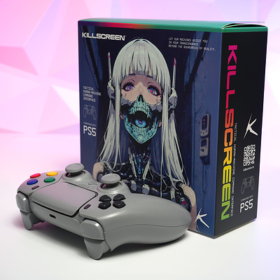 Killscreen SFC-1 shown with premium product packaging, featuring a Super Famicom-inspired custom controller for PC and PlayStation 5.
