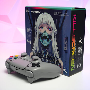 Killscreen SFC-1 shown with premium product packaging, featuring a Super Famicom-inspired custom controller for PC and PlayStation 5.