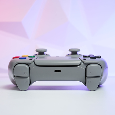Rear view of Killscreen SFC-1, showing its soft gray finish, shoulder buttons, USB-C port, and SNES-style multicolor accents