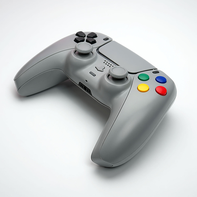 Front-angle view of Killscreen SFC-1, a Super Famicom-inspired custom controller for PC and PS5 with soft gray styling and multicolor face buttons