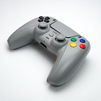 Front-angle view of Killscreen SFC-1, a Super Famicom-inspired custom controller for PC and PS5 with soft gray styling and multicolor face buttons
