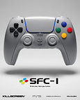 Killscreen SFC-1 key art featuring a Super Famicom-inspired custom PC and PS5 controller with 16-bit color styling and multicolor face buttons.