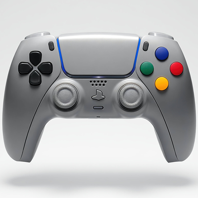 Killscreen SFC-1 custom PC and PS5 controller featuring a SNES-inspired gray design, graphite colored controls, and multicolor face buttons.