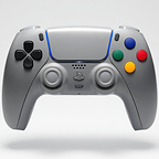 Killscreen SFC-1 custom PC and PS5 controller featuring a SNES-inspired gray design, graphite colored controls, and multicolor face buttons.