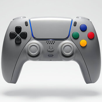 Killscreen SFC-1 custom PC and PS5 controller featuring a SNES-inspired gray design, graphite colored controls, and multicolor face buttons.