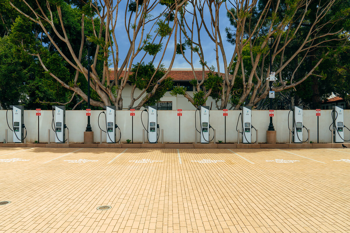 Official Electrify America image of the Santa Barbara Carrillo Street fast-charging hub with multiple DC fast chargers