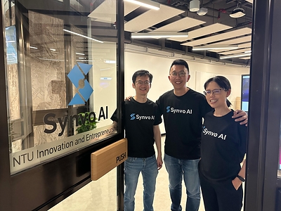 Synvo AI co-founders (left to right): CEO Mr. YH Saim, CTO Prof. Cavan Loy, and COO Dr. Faye Wong, photographed at the company's office in the NTU UOB Innovation Hub.