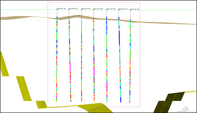 Figure 2: 2025 GC drilling cross section 5,375,330N with Phase 1 pit (looking North)
