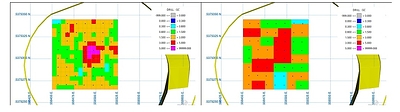 Figure 3: Resource model 5m blocks vs grade control shapes on Levels 5250 Figure 3: Resource model 5m blocks vs grade control shapes on Levels 5250