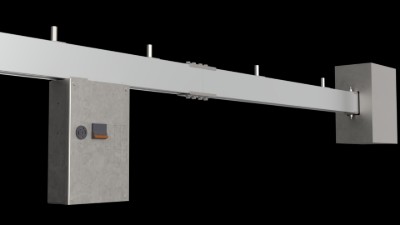 Open-slot 225A-per-phase Track Busway showing a feed section and breakered receptacle tap-off unit installed along the run. Open-slot 225A-per-phase Track Busway showing a feed section and breakered receptacle tap-off unit installed along the run.