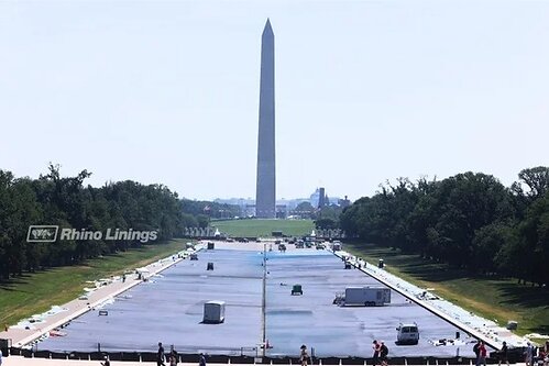 Wide view of the Washington, D.C. Reflecting Pool rehabilitation project, where Rhino Linings protective coating technologies contributed to the preservation and long-term protection of one of the nation's most iconic public spaces.