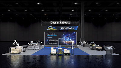 A Doosan Robotics exhibition booth at Automate 2026, showcasing the PalletizHD+ AI-powered palletizing solution