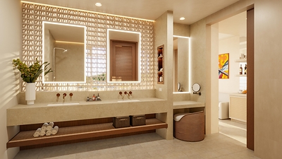 Beautifully appointed and spacious, the new bathrooms in the Oceanview Club Rooms feature double vanity sinks and soft neutral finishes.