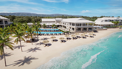 Aerial view of the all new Sandals Caribbean Cay. Formerly Sandals Royal Caribbean, the newly renamed resort takes its inspiration from Sandals Cay, the beloved private offshore island at the heart of the guest experience, and its deep connection to the Caribbean Sea.