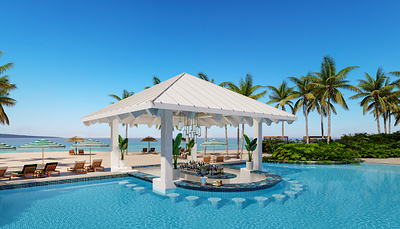 A new swim-up pool bar at Sandals South Coast, creating a natural transition between tropical greenery and the Caribbean Sea.