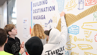 Students explore the Destination Wasaga Imagine Mural, which was inspired by their ideas and contributions.
