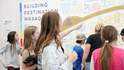 Students explore the Destination Wasaga Imagine Mural, which was inspired by their ideas and contributions.
