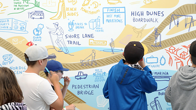 Students explore the Destination Wasaga Imagine Mural, which was inspired by their ideas and contributions.