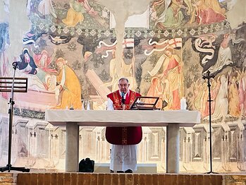 Don Eugenio, parish priest of Sezzadio, presides over the Holy Mass held at the Abbazia di Santa Giustina on 21 June 2026 ahead of the feast day observed on 24 June.