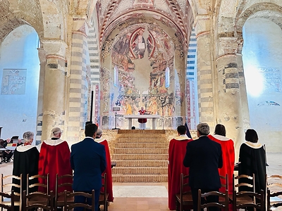 Participants associated with the Order of Saint John attend the Holy Mass celebrated by Don Eugenio at the historic Abbazia di Santa Giustina in Sezzadio, Piedmont, on 21 June 2026.
