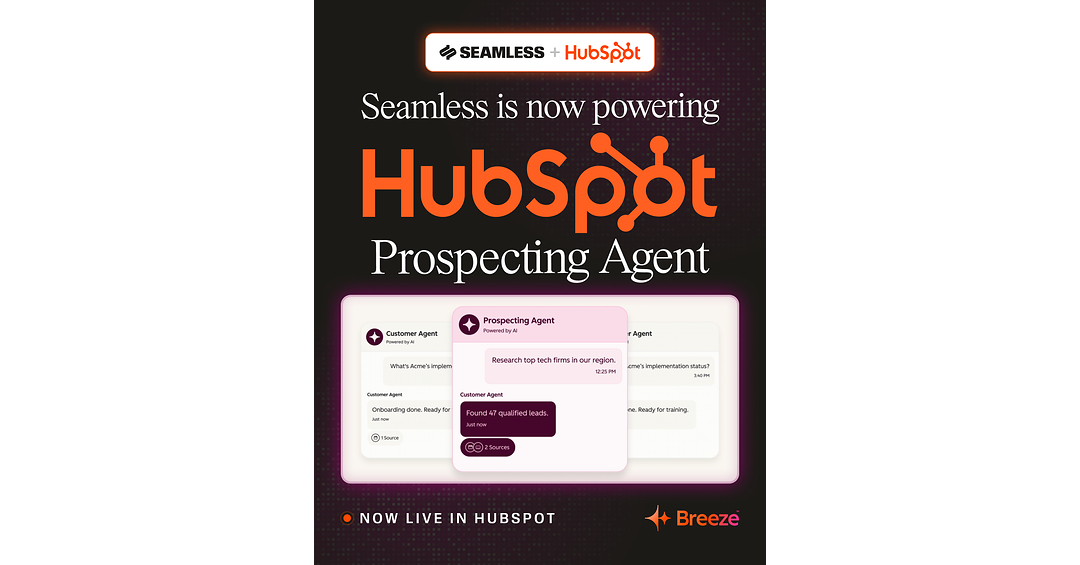 Imagen: PRWeb Imagen del anuncio de la integración de Seamless con el Prospecting Agent de HubSpot Breeze