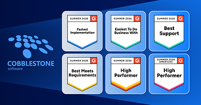 CobbleStone Software earned awards for: Fastest Implementation, Easiest to Do Business With, Best Support, High Performer, and more!