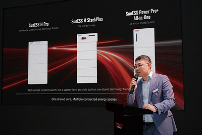 Wei Ren, General Manager of European Sales at Sunwoda Energy, speaks at the “One Core, All Scenes” Product Launch during Intersolar & ees Europe 2026.