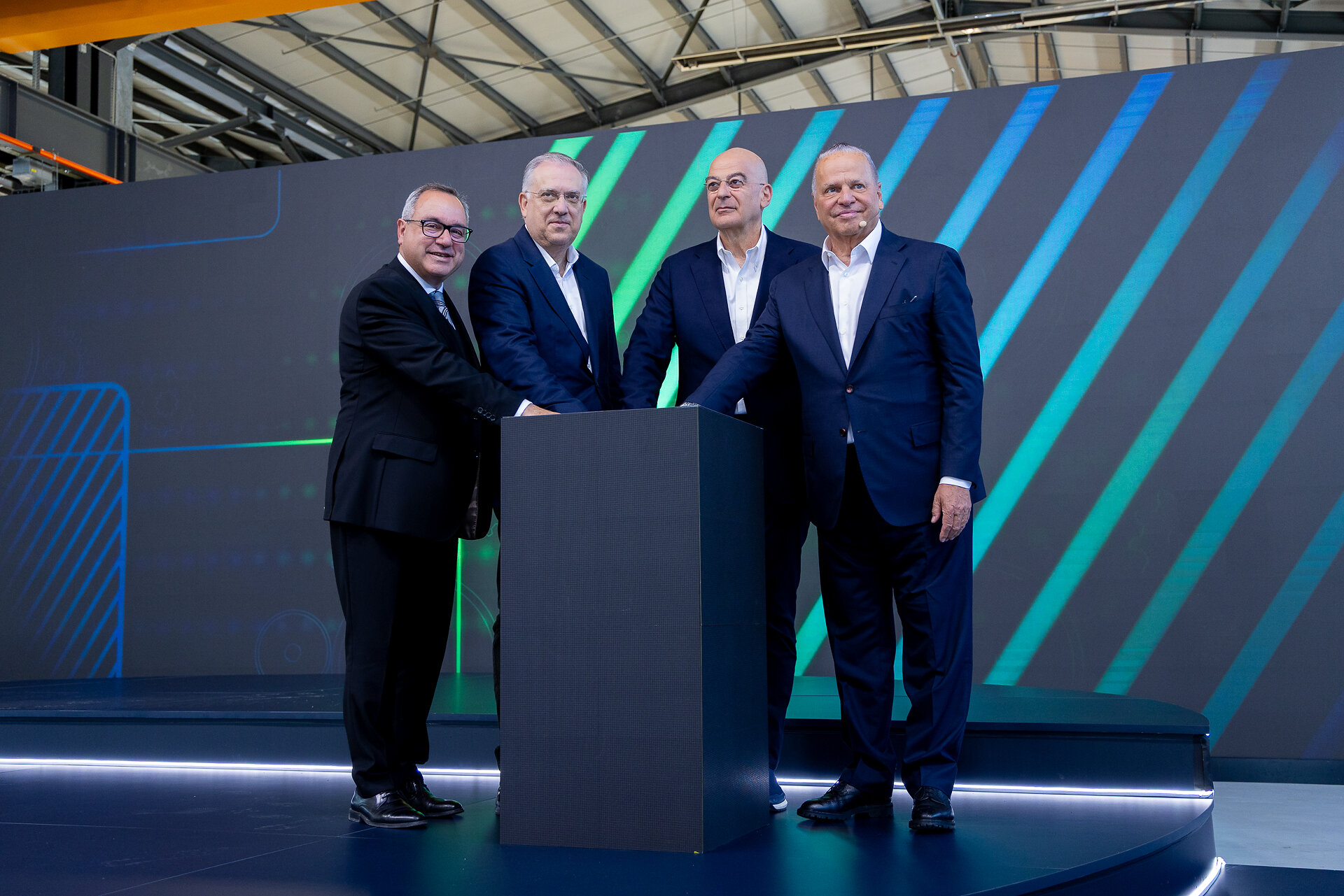 From left to right: Vasilis Tsiamis, Chief Executive Director, M Technologies | Takis Theodorikakos, Minister of Development of Greece | Nikos Dendias, Minister of National Defence of Greece | Evangelos Mytilineos, Executive Chairman, METLEN